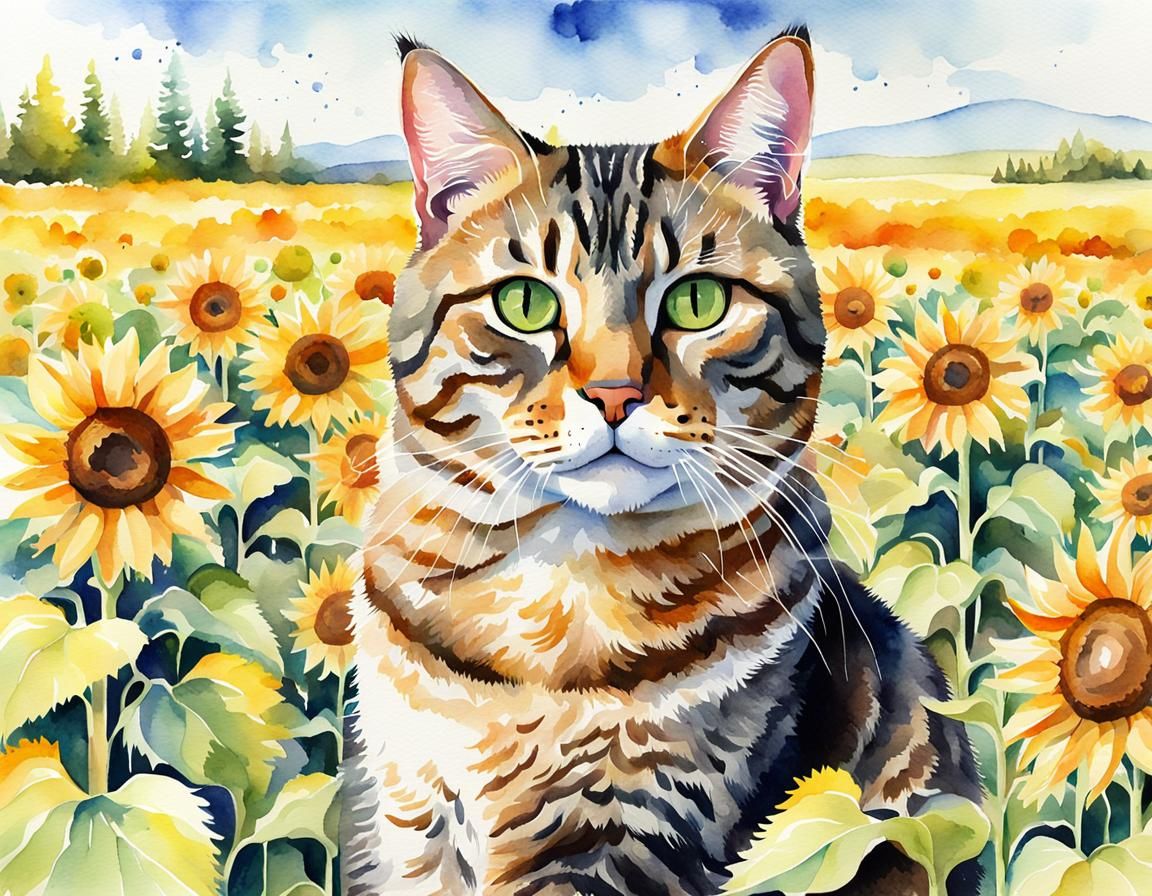Watercolor Tabby Cat in Sunflower Field