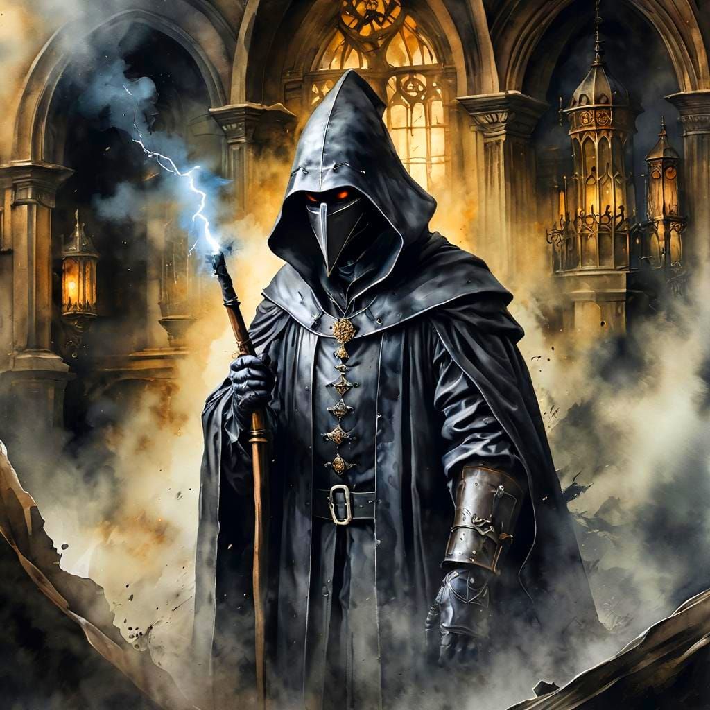 Plague Doctor in Fog, Watercolor and Baroque Style