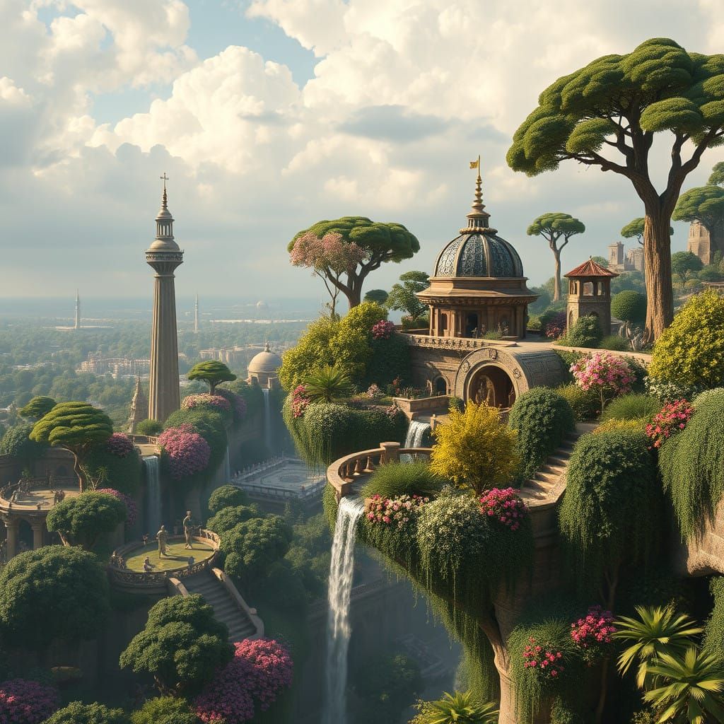 Surreal Babylonian Hanging Gardens in Fantastical Detail
