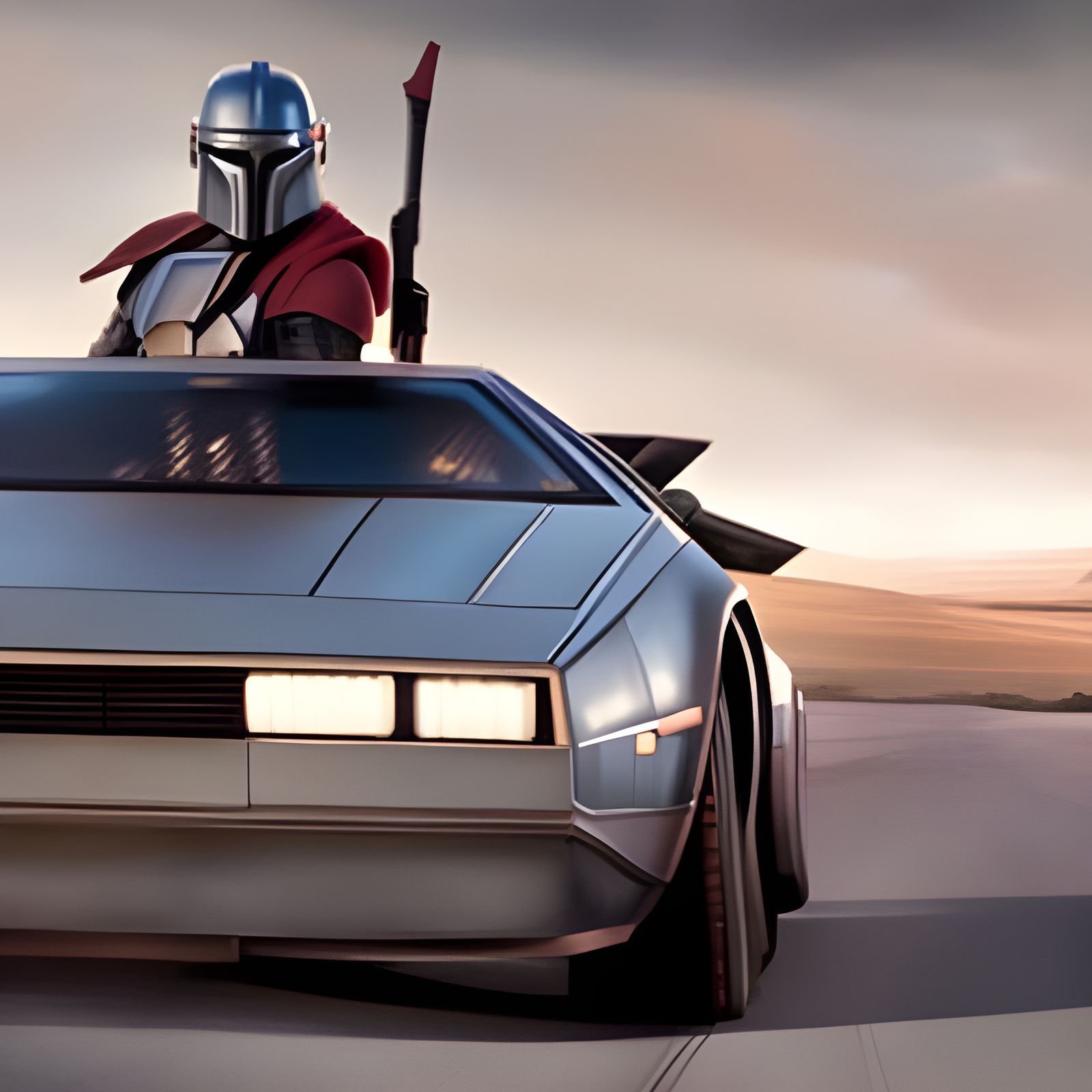 Mandalorian Driving Delorean in Hyperrealist Style