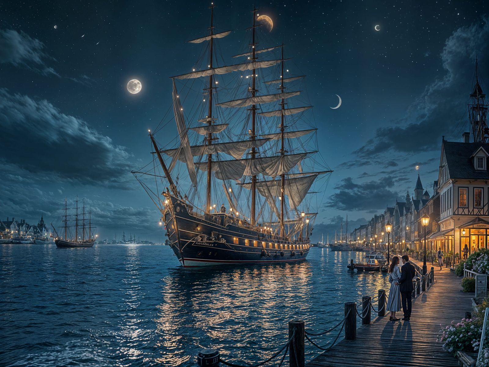 Majestic Sailing Ship Under Crescent Moon