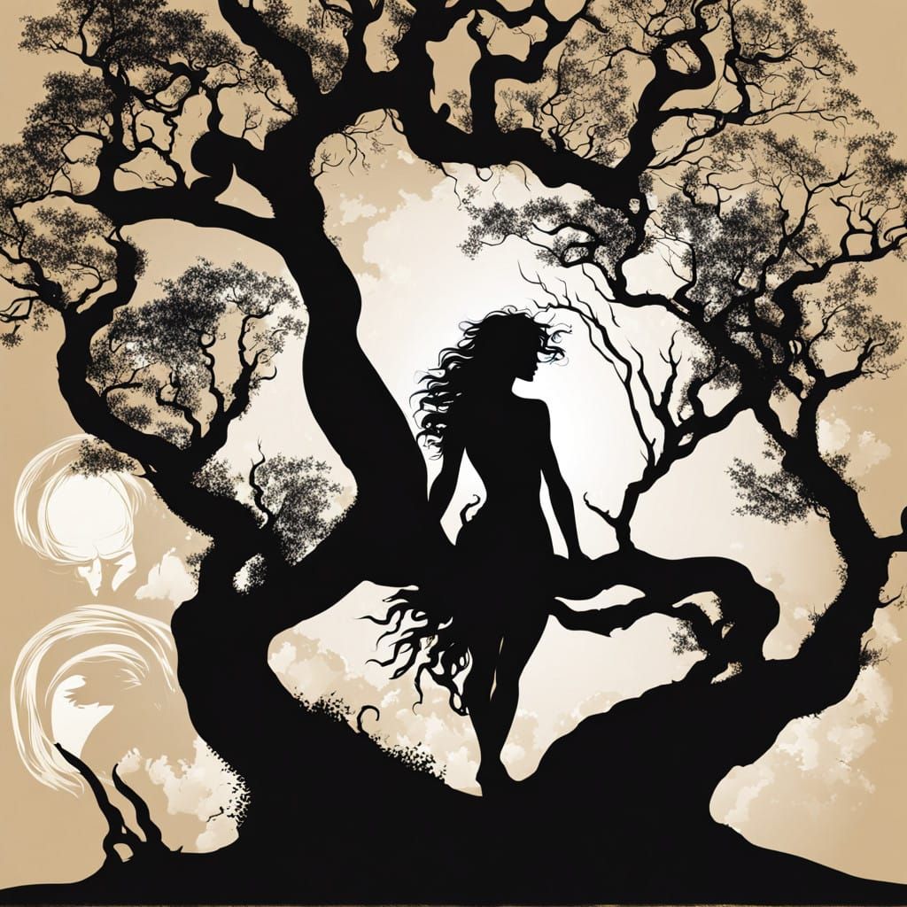 Dryad Silhouette Emerge from Ancient Tree