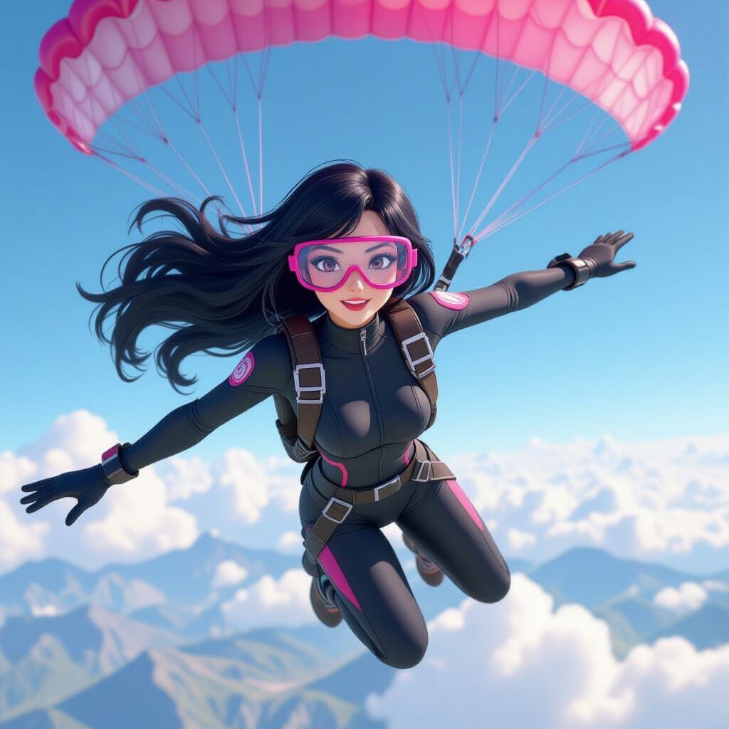Anime Lady Skydiving with Pink Parachute