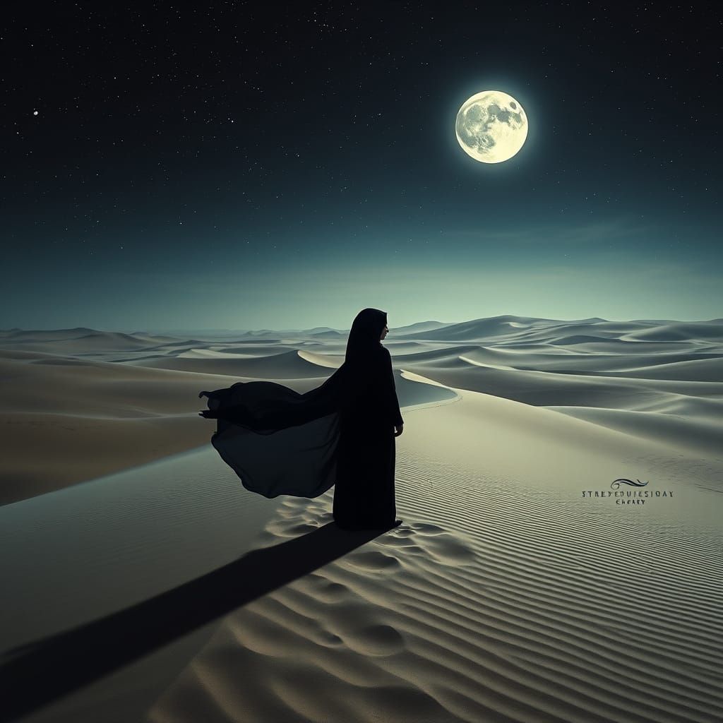 Starlit Desert: Woman in Niqab, Dark Surrealism