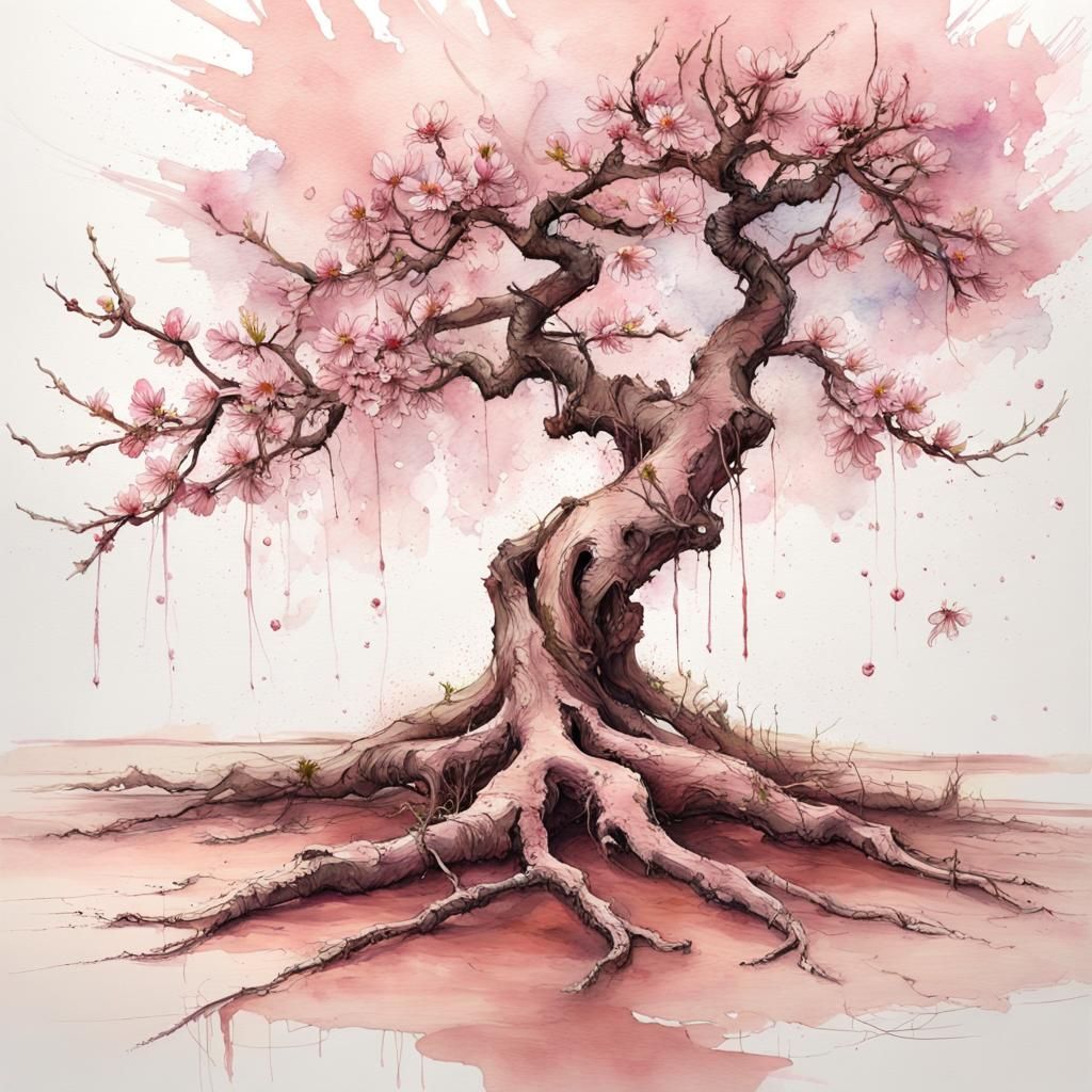 A magnificent, masterpiece spring blossom cherry tree, detailed roots exsposed, dark bark
Cherry blossom fallen on t...
