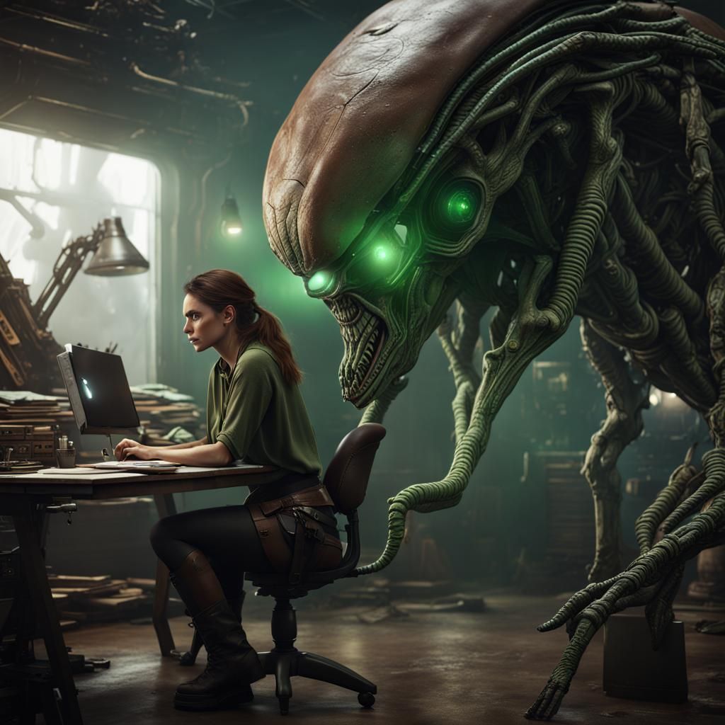 Woman Studying Aliens: Detailed Matte Painting