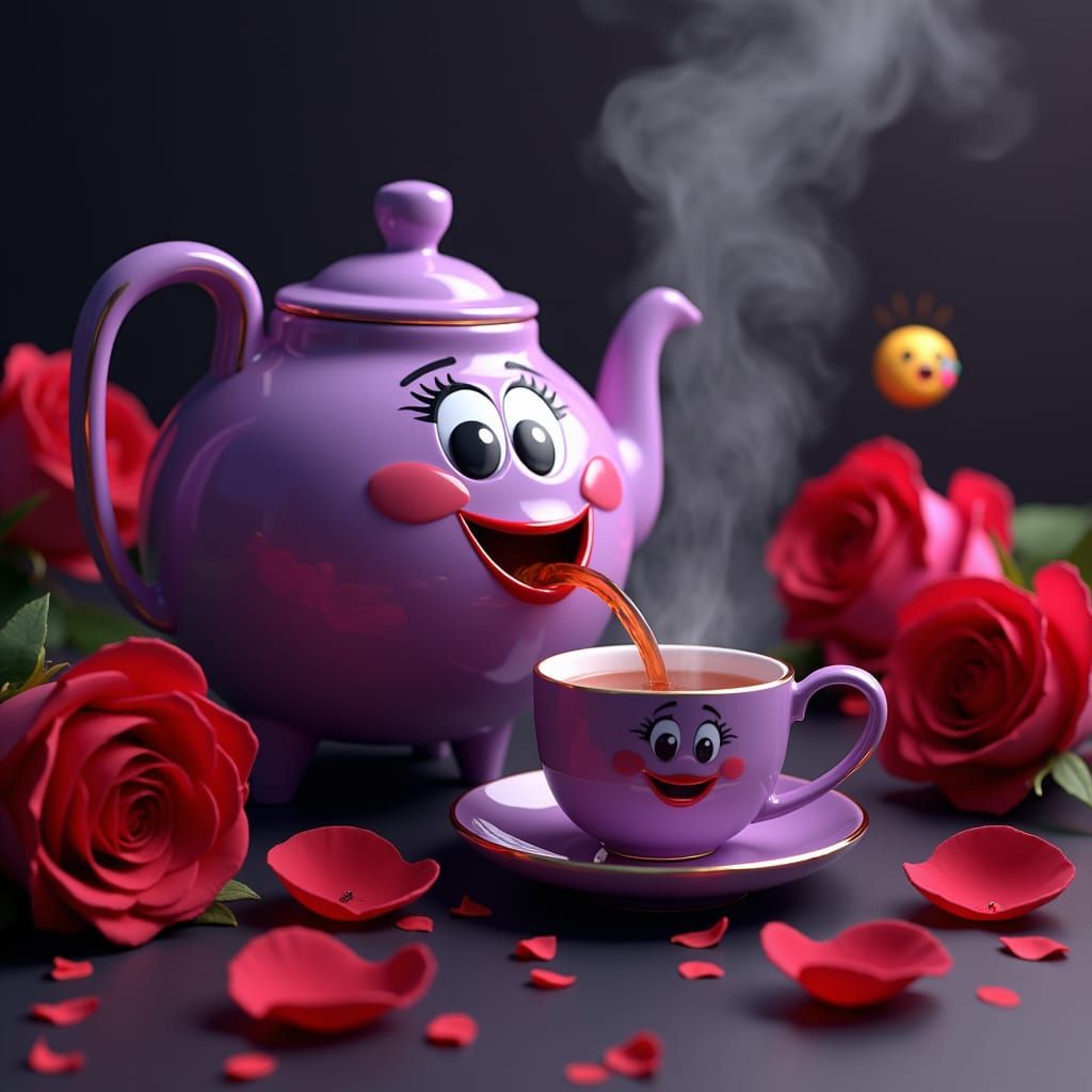 Purple Teapot with Smiling Face in a Surreal Style