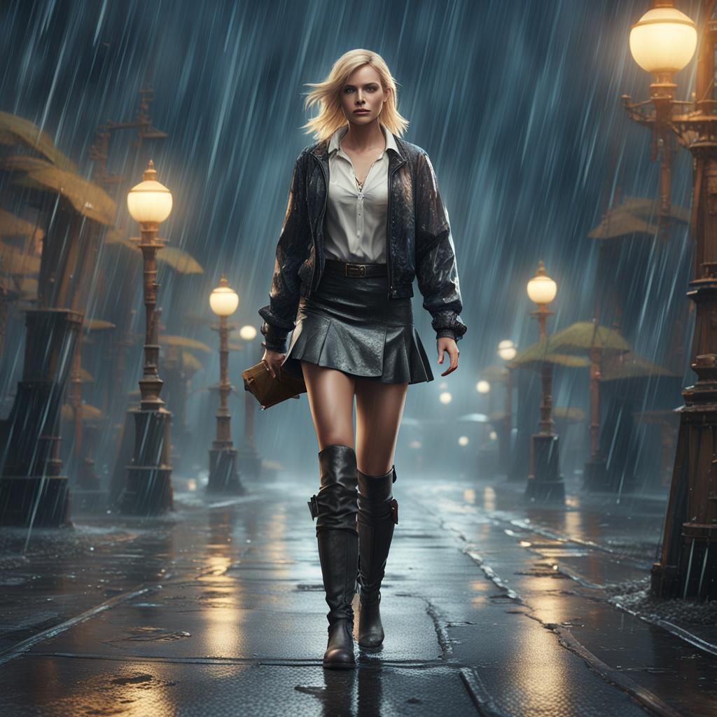 Blonde Woman in Rain: Detailed Fantasy Art