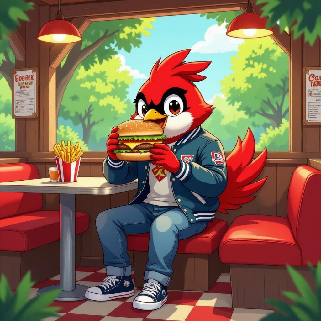 Red Robin Devours Burger in Anime-Style Diner