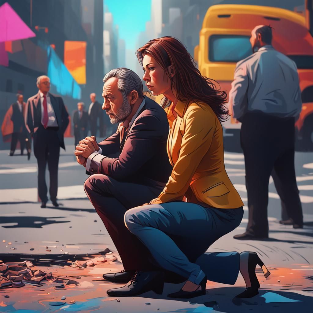 Woman Kneeling After Boss's Resignation: Hyperrealistic Spla...