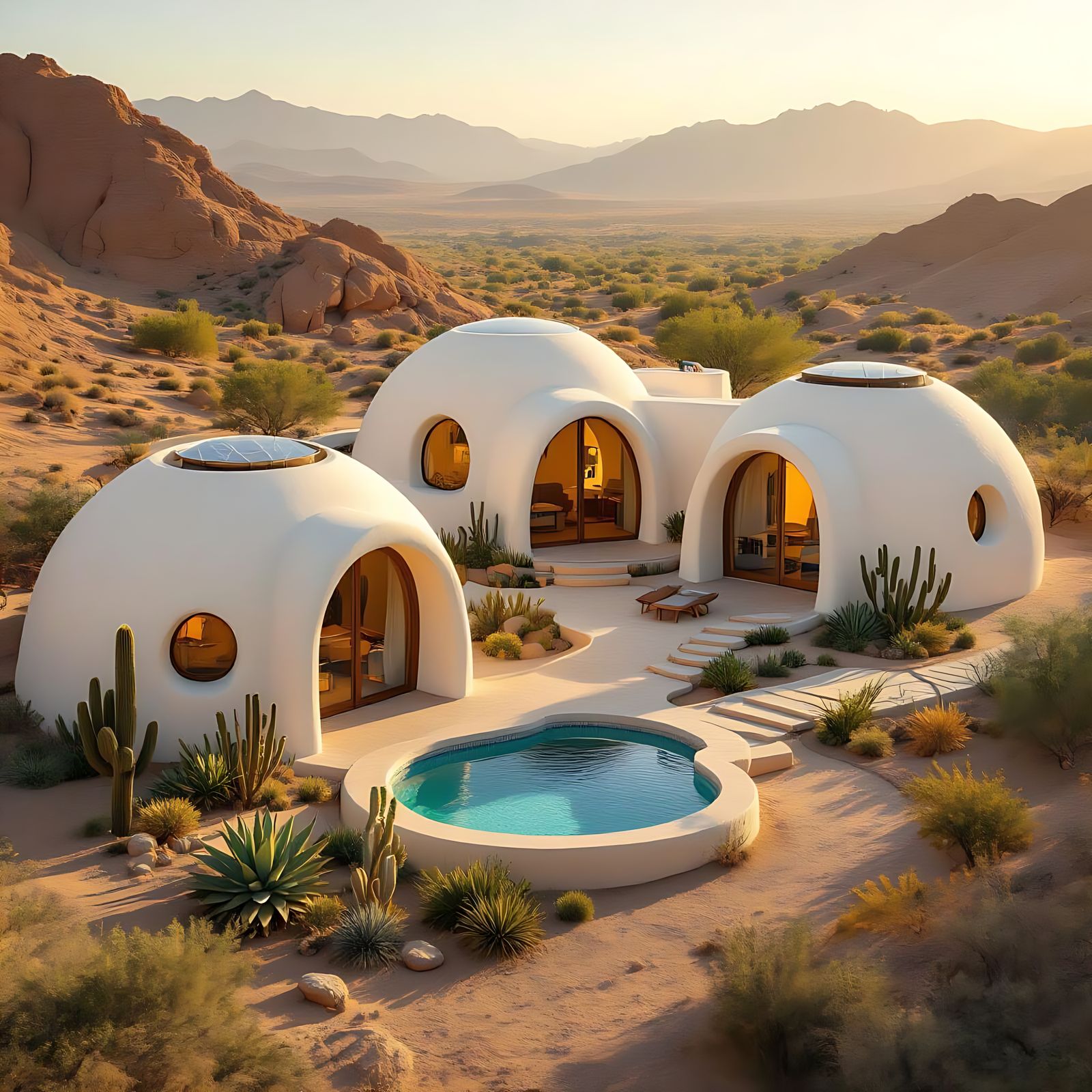 Eco-Friendly Superadobe Dome House in Golden Hour Light