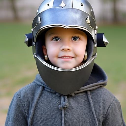 Modern Boy Wearing Knight's Helmet