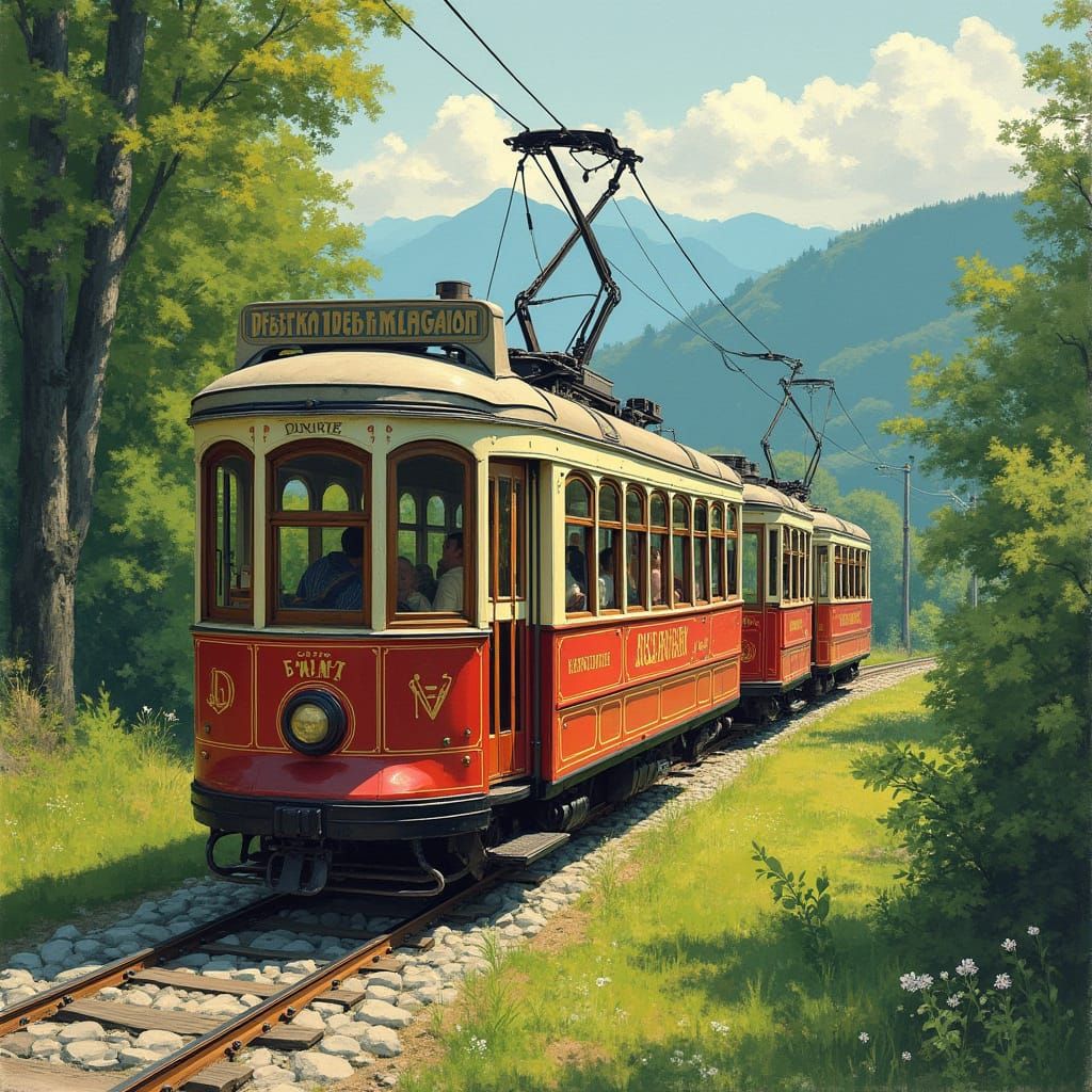 Historic Tram on Pöstlingbergbahn, Impressionist Art Nouveau...