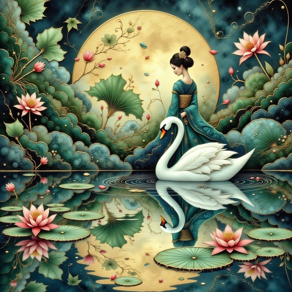 <lora:Japanese Culture:0.5> <lora:Cloisonne:1.0> <lora:Alcohol Ink Splash:0.5> golden full moon with a beautiful geisha ...