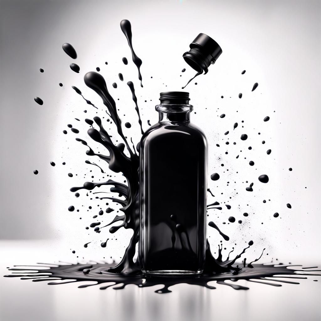 Old fashioned black ink bottle is falling and spinning in mid air towards a white canvas splattering ink everywhere
Epic...
