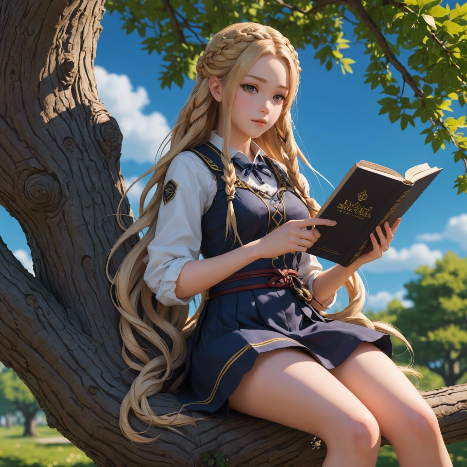 Anime Girl Reading in Cherry Tree