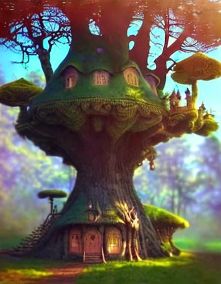 Magical Fairytale Treehouse with Wildflowers and Sun Rays