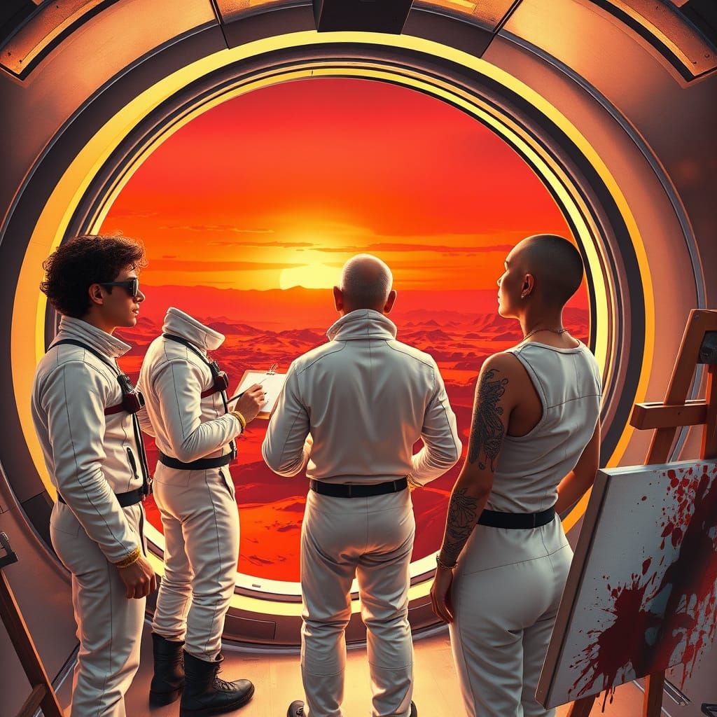 Surreal Martian Artists at Curved Window During Dual Sunset