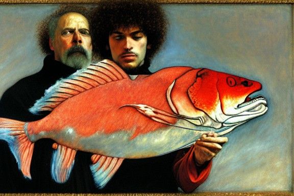 Dante, Virgil and the big Red fish. No one goes to hell without a big Red fish
