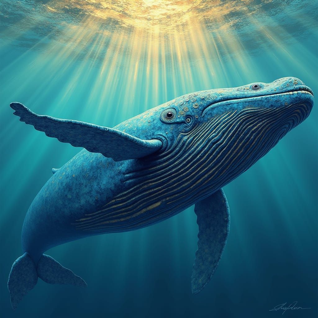 Blue Whale in Art Nouveau Style Ocean