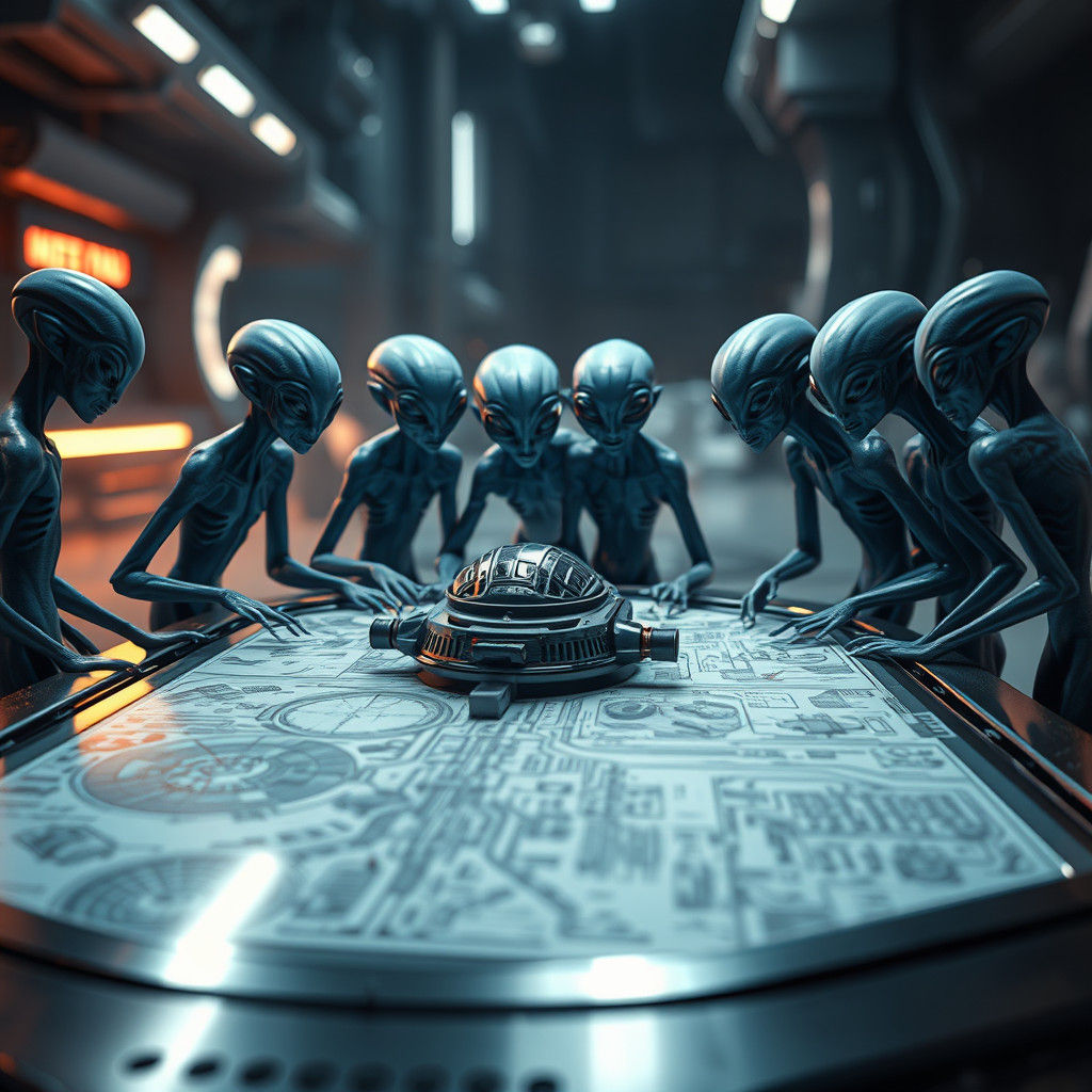 Aliens Study UFO Blueprints in Sci-Fi Setting