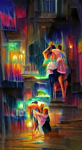 Couple Dancing in Neon Rain: Hyperrealistic Watercolor