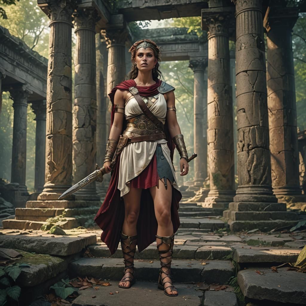 Ancient Warrior Woman in Temple Ruins