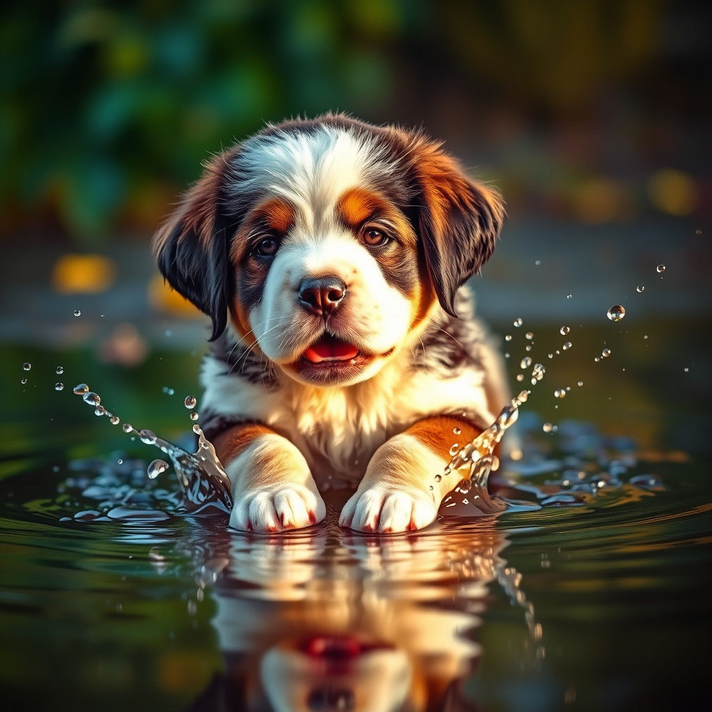 Playful St Bernard Puppy in Colorful Puddle