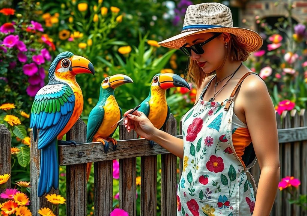 Artist Painting Bird Sculptures in a Garden