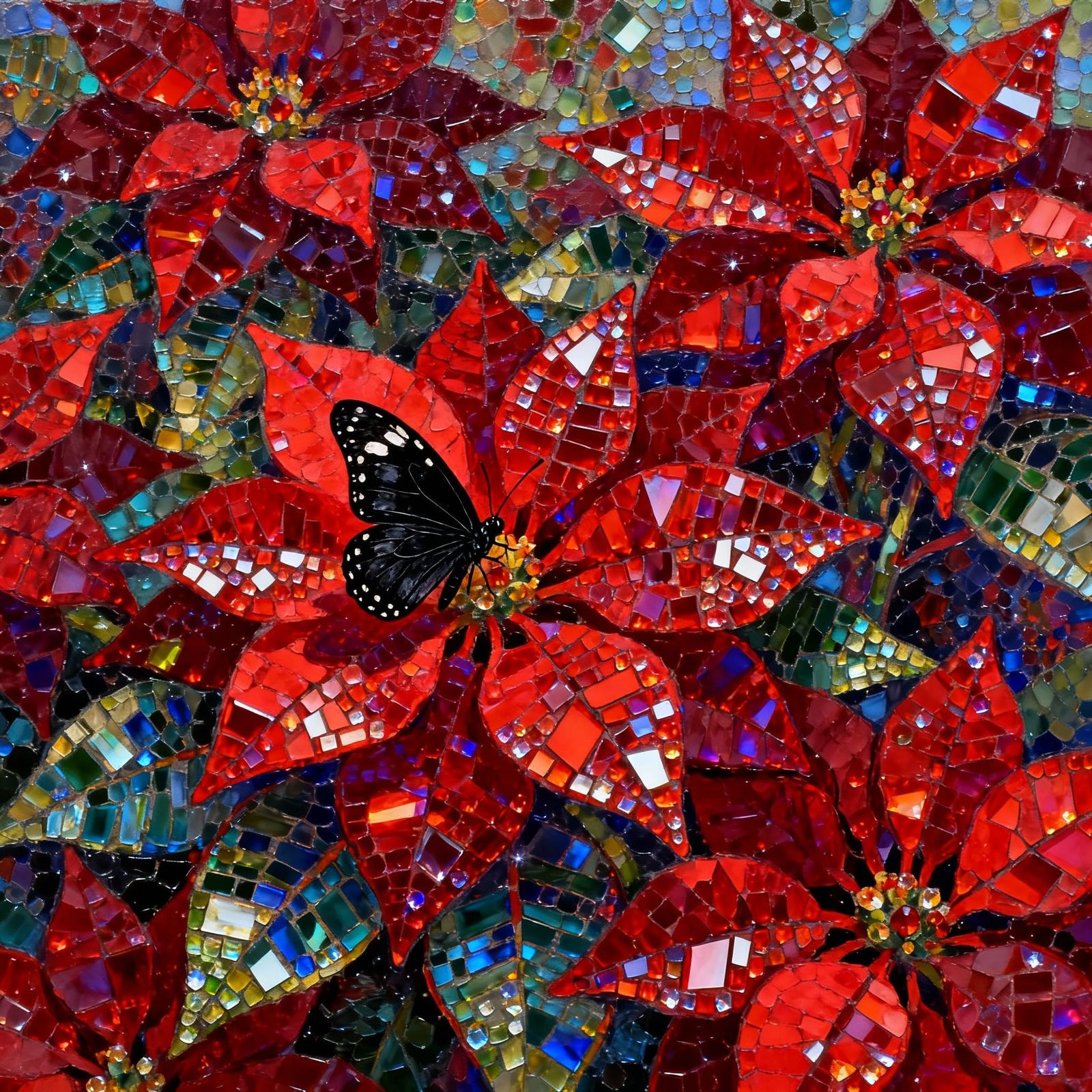 Sparkling Red Poinsettias with Black Butterfly Diamond Art