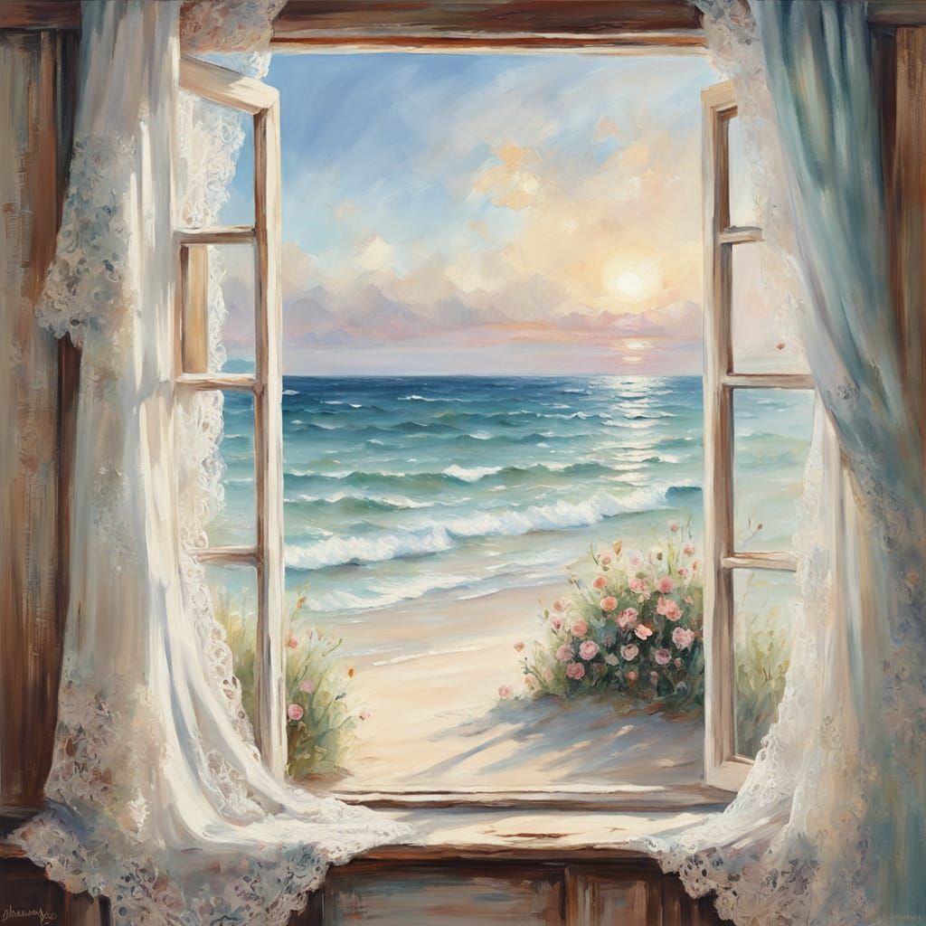 Shabby Chic Window to the Sea in Pastel Colors