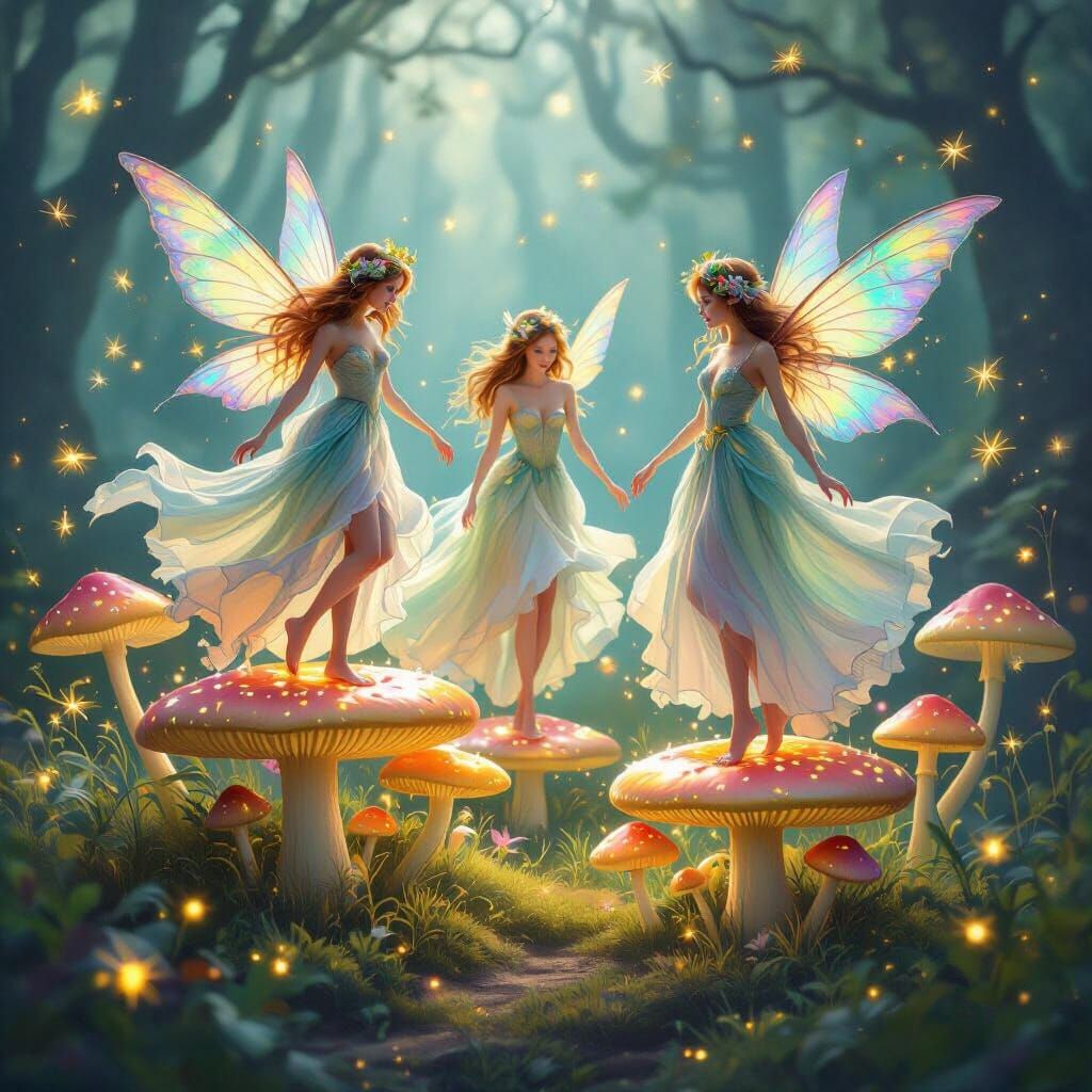 Enchanting Fairies Dancing on Glowing Mushrooms