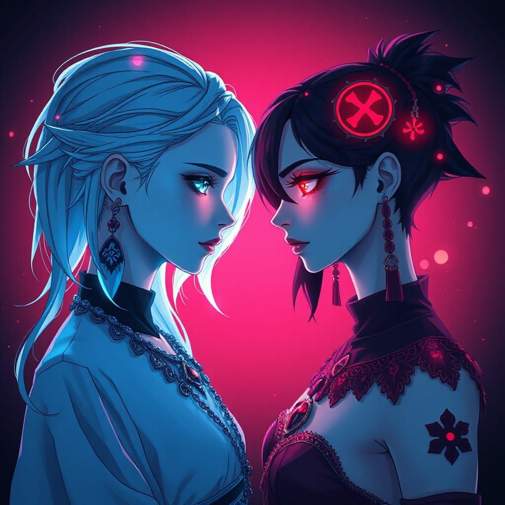 Ethereal Dualism: Blue- and Red-Illuminated Figures Confront