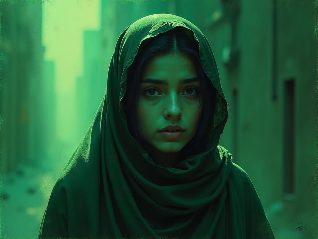 Monochromatic Portrait of Palestinian Woman in Gouache Style