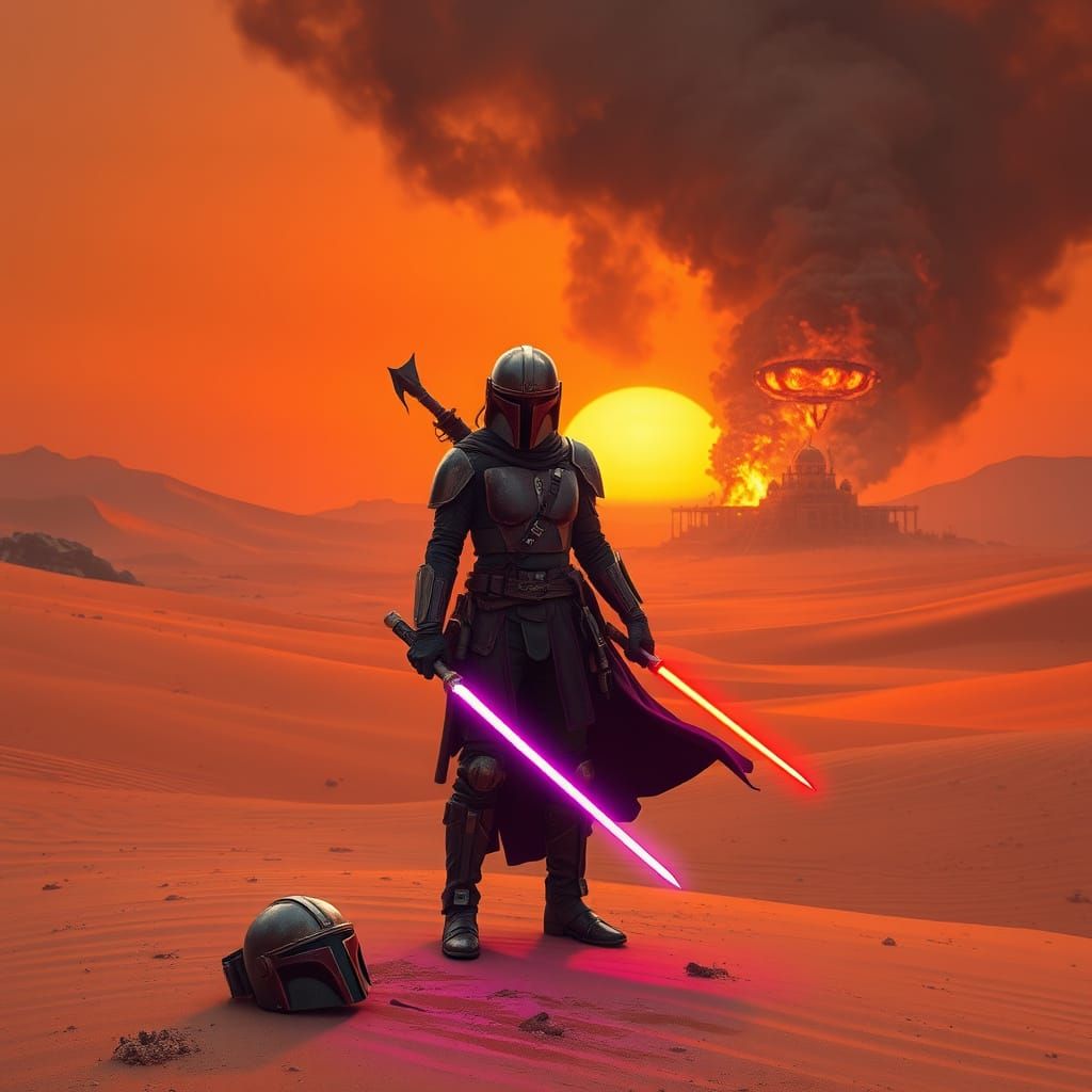 Mandalorian Woman Defeated on Desert Planet, Holding Red and...