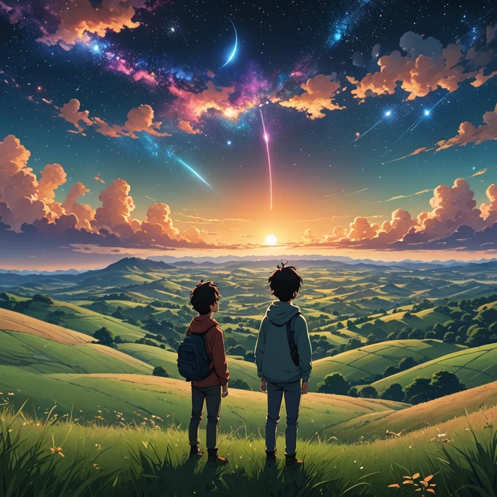 Anime Boy Gazing at Starry Sky, Digital Art