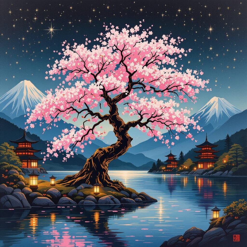 Golden Sakura Tree at Night in Scratch Art Style