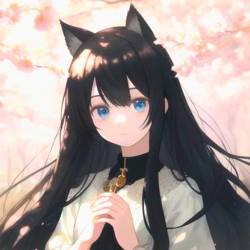 Anime Girl with Cat Features in Cherry Tree Forest