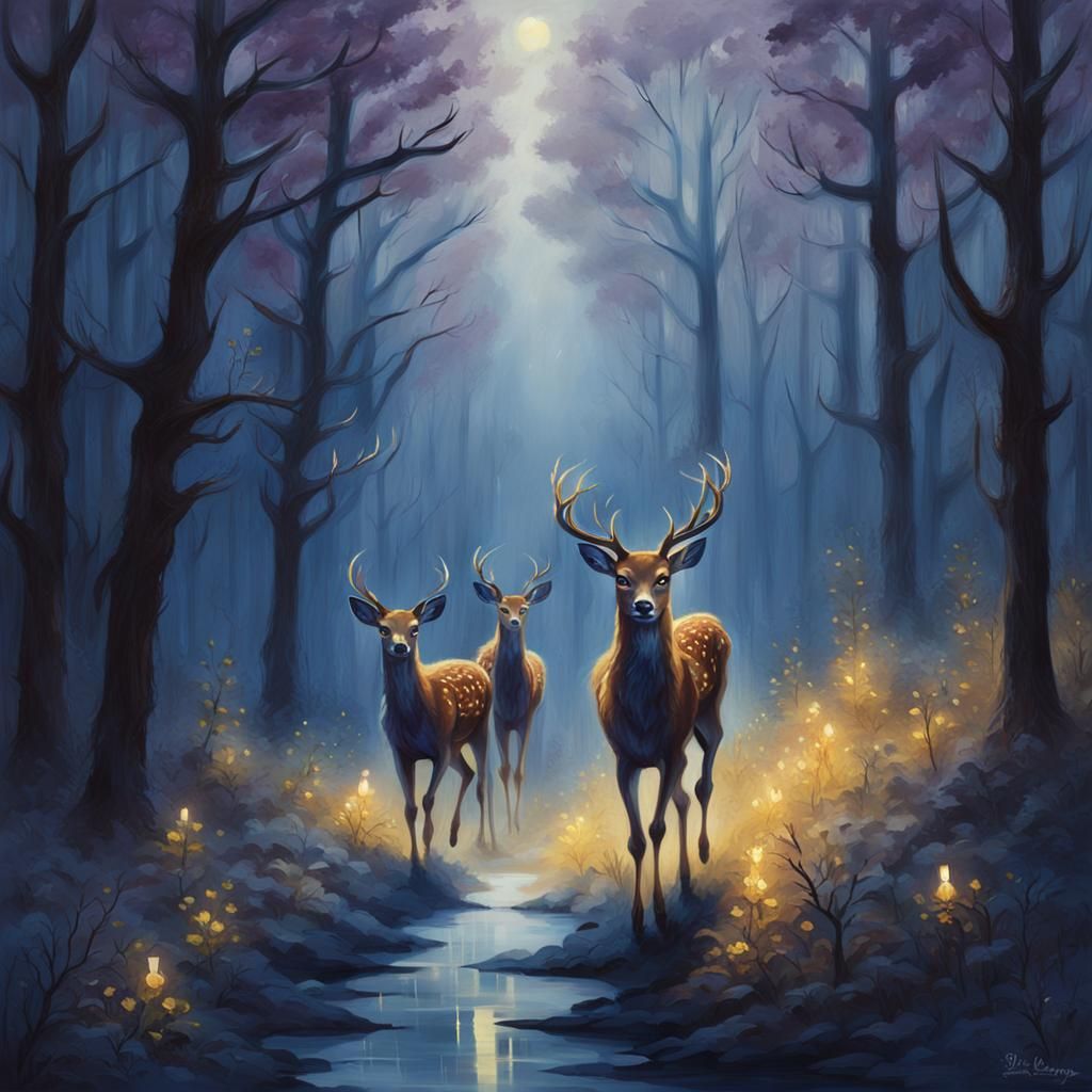 Eerie Dark Fantasy Forest Scene with Fawns