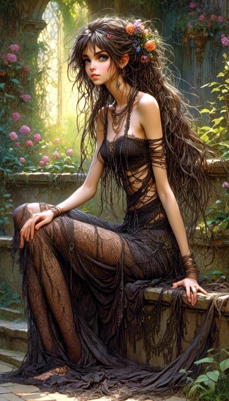 Beautiful Woman in Sunny Courtyard, Photorealistic Style