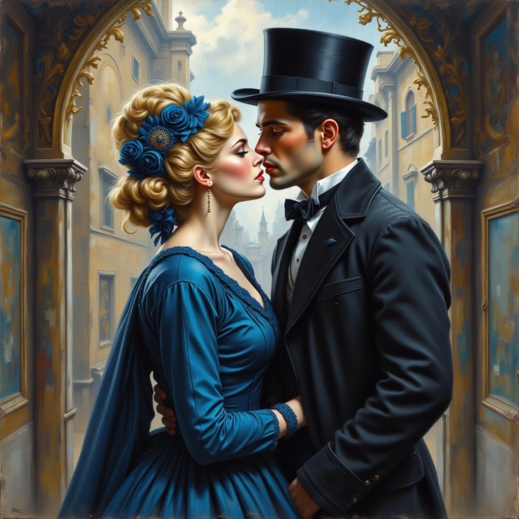 Vintage Woman Kisses Futuristic Man in Cinematic Split Scree...