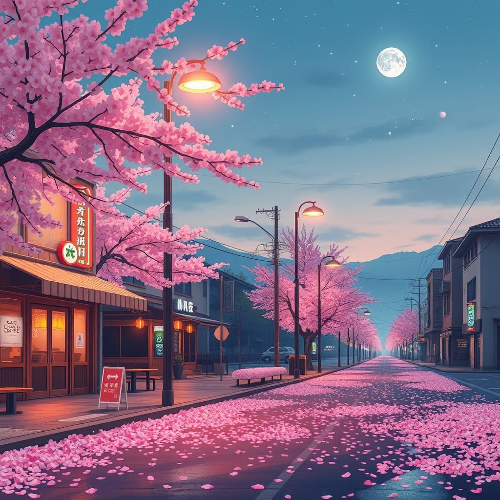 Vibrant Cherry Blossom Twilight in Korean Streets