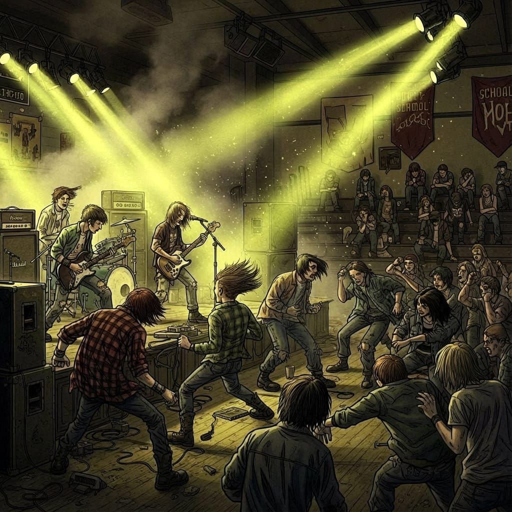 Grunge Concert Scene in Dimly Lit Gym