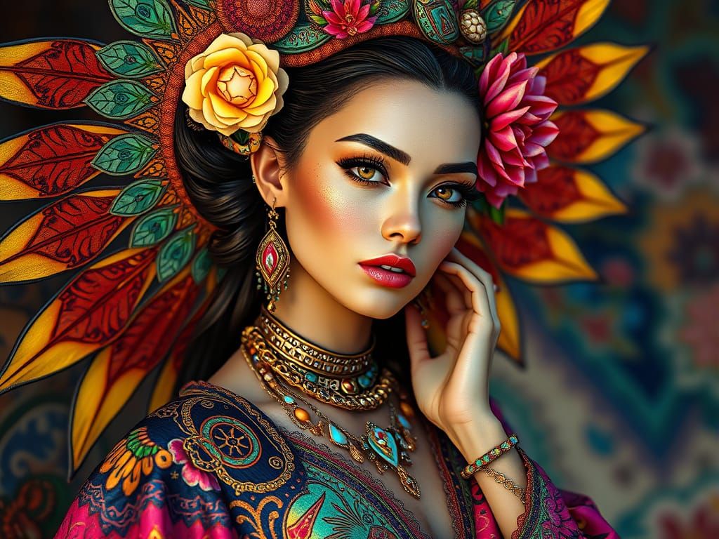 Radiant Woman in Fantasy Jewelry, Hyperrealistic Digital Art