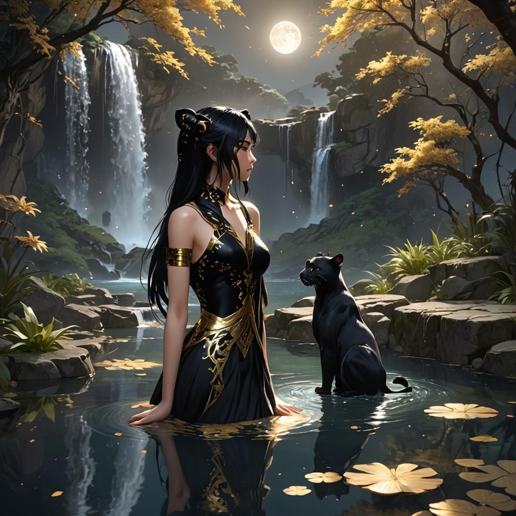 Panther Girl Fusion with Enchanted Waterfall in 3D Anime Sty...