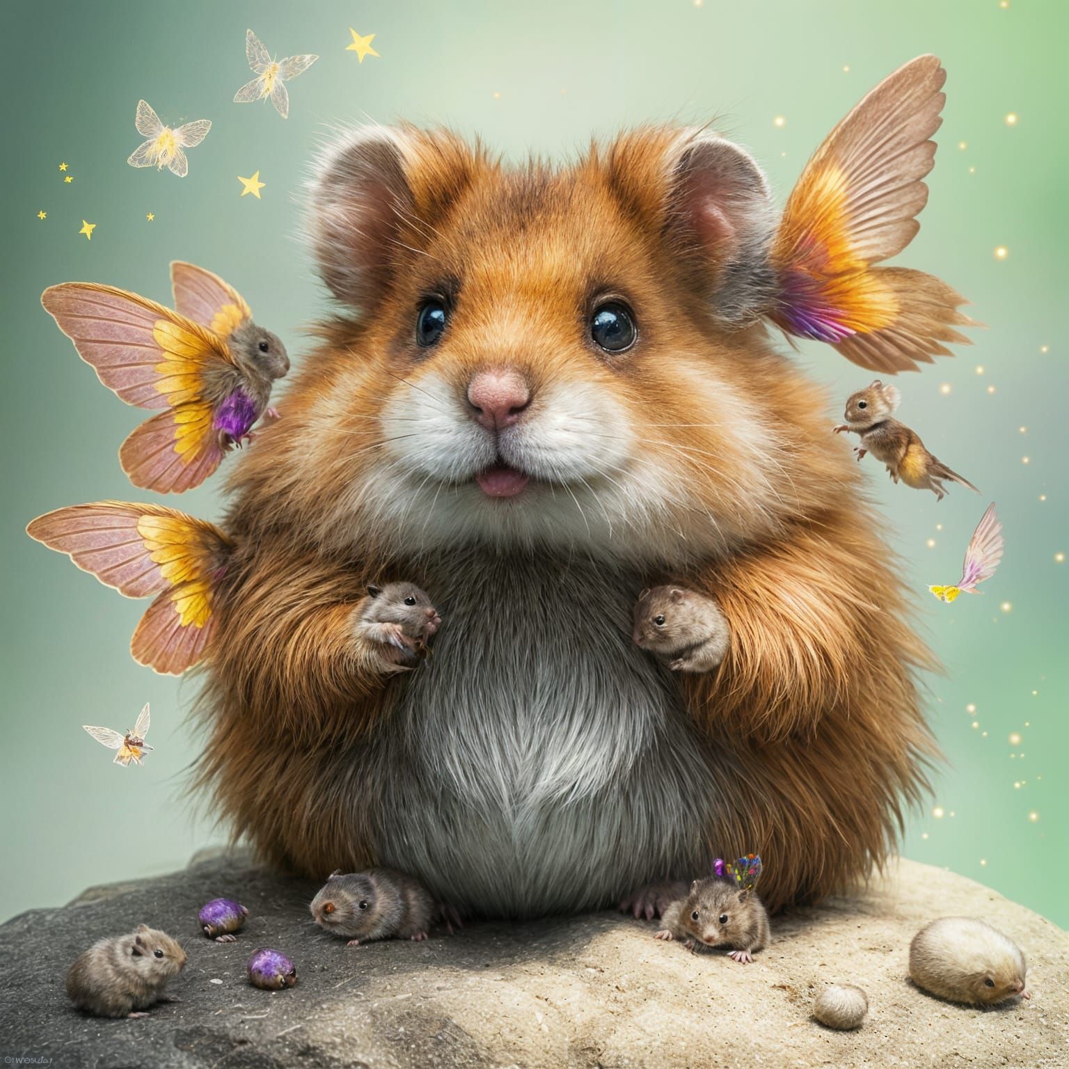 Whimsical Winged Creatures Dance Around a Plush Hamster