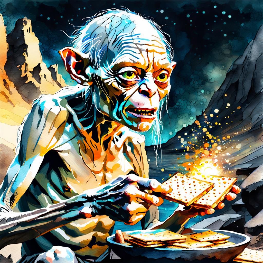Gollum's Saltine Snack: A Digital Watercolor Fantasy
