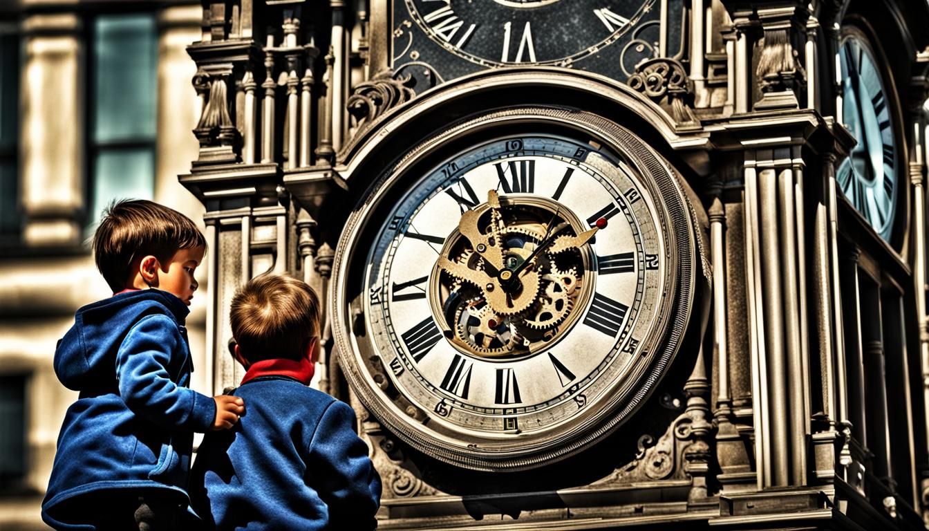 Clockwork Man and Child in Moody Cityscape