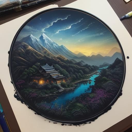 Detailed Asian Landscape in Ink Illustration Style