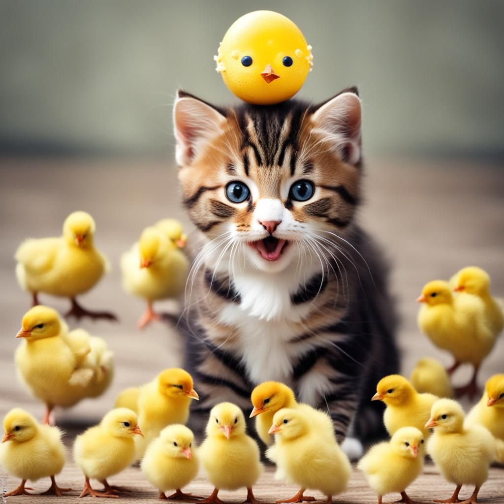 Playful Kitten and Chicks in a Heartwarming Scene